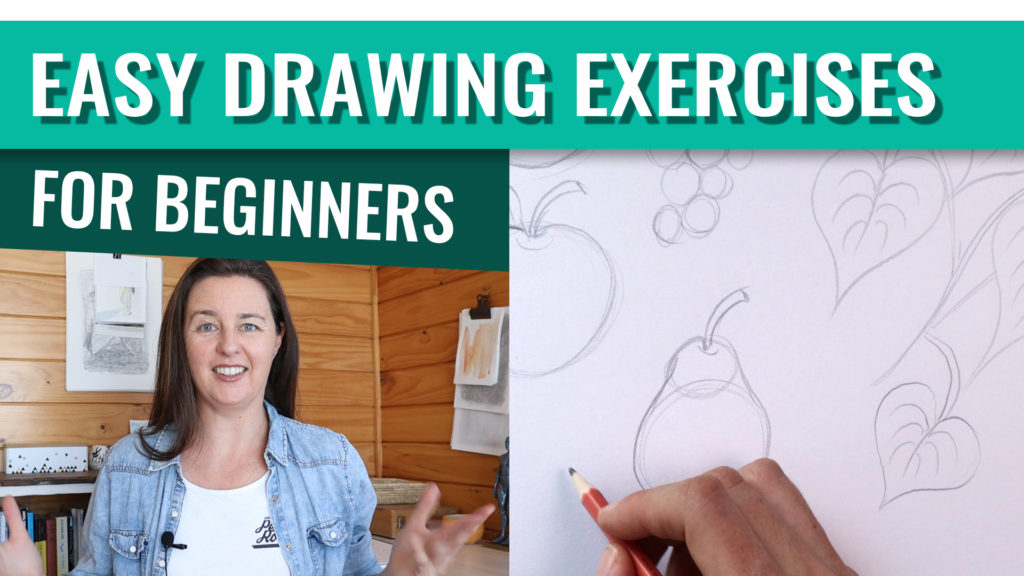 Youtube thumbnail showing sketches of fruit with the text Easy Drawing Exercises For Beginners