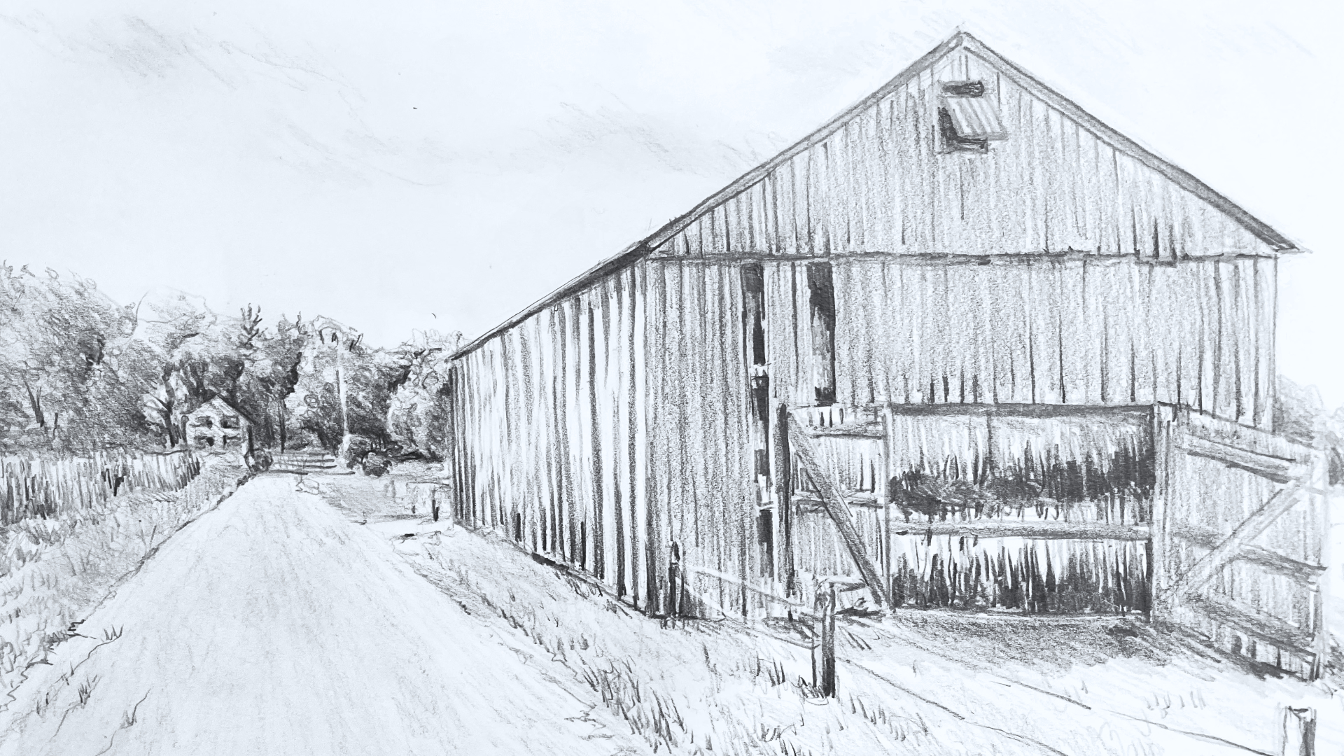 pencil drawing of a barn